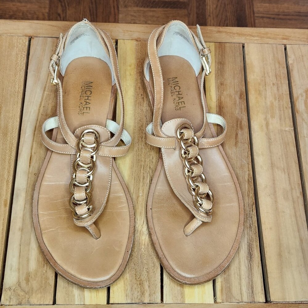 [7.5] Michael Kors Tan Leather Flat Sandals Adjustable Straps Chain Link Sz 7.5